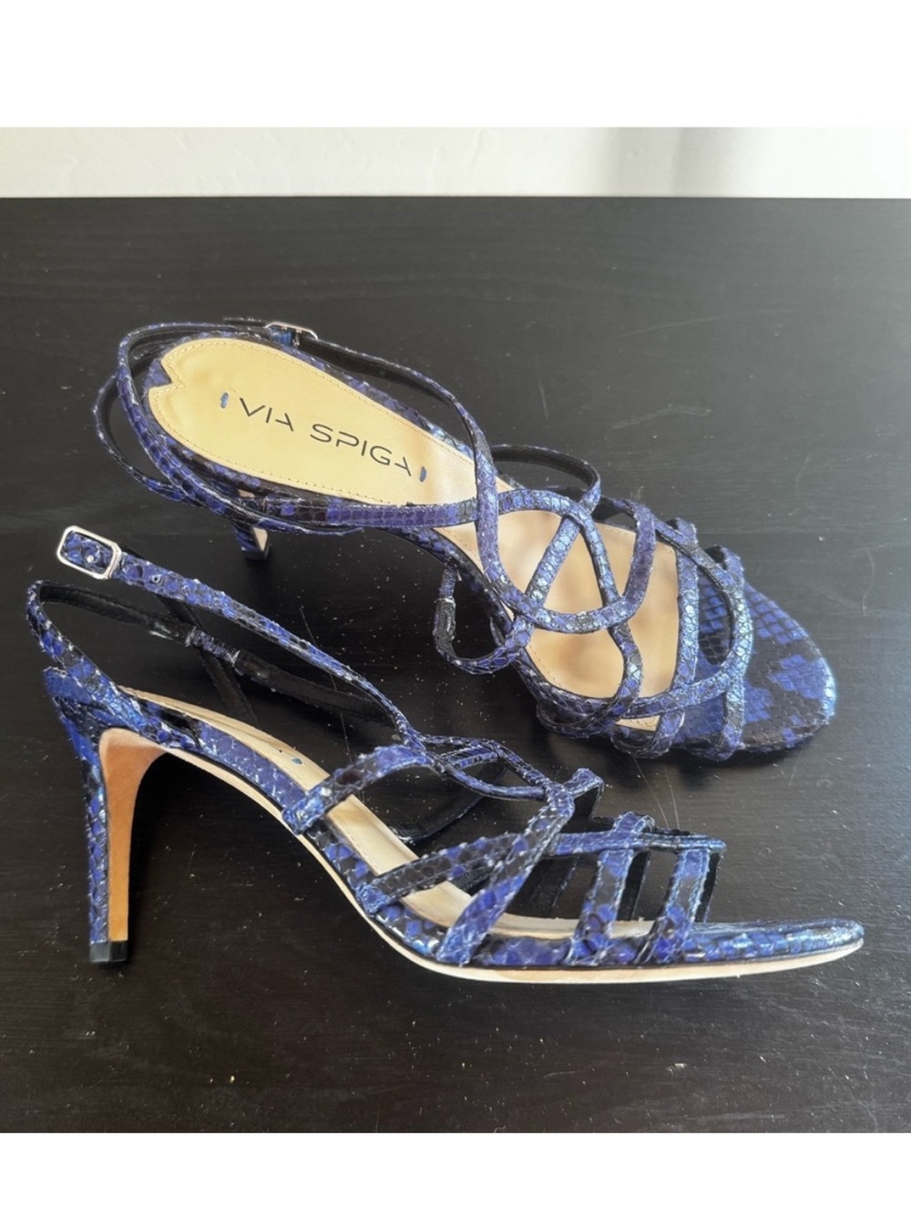 Via Spiga Blue Snakeskin Embossed Leather Strappy Sandals Heels